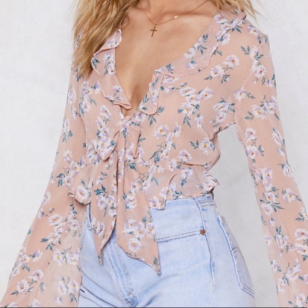 NWT nasty gal sheer floral front tie blouse